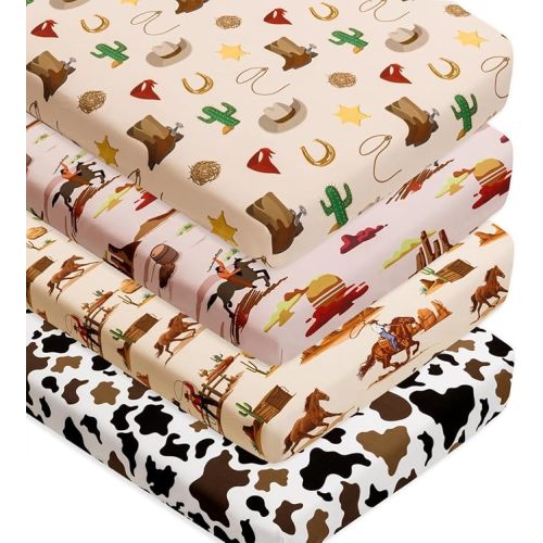 4 Pack Western Cowboy Crib Sheets Neutral Breathable Fitted Baby Sheets Nursery Sheets for Baby Boys or Girls (Pack N Play Sheet)