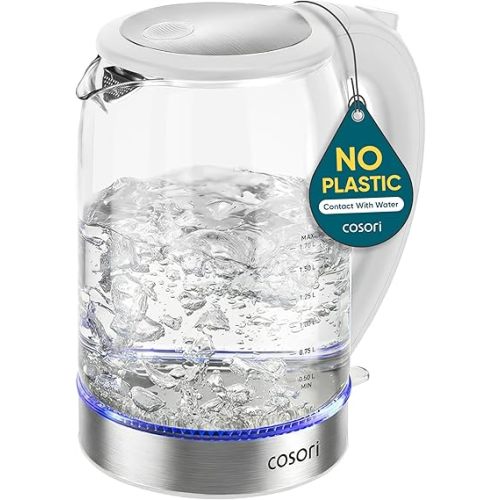 Cosori Electric Kettle, No Plastic Contact With Water, Wide Mouth For Easy Cleaning, Auto Shut Off, 1.7L Tea Kettle & Hot Water Boiler, Water Heater & Teapot, Borosilicate Glass, White, 1500W