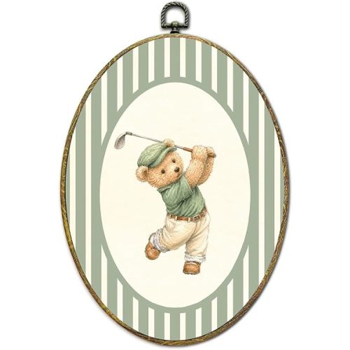 Golf Bear Wall Art Decor, Rustic Oval Canvas Framed Art Prints