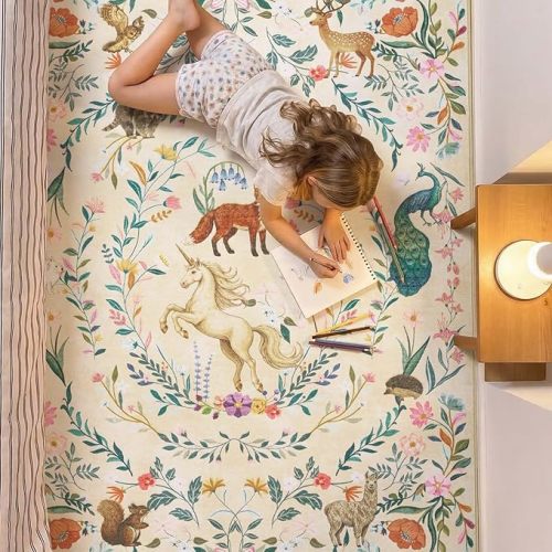 jinchan 5x7 Kids Rug Washable Unicorn Nursery Rug Cute Girls Bedroom, Cream