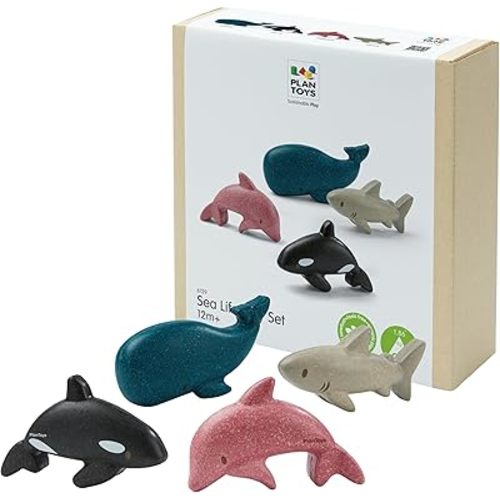 PlanToys® Wooden Sea Life 4-Piece Set Dolphin, Orca, Whale and Shark Figurines | Montessori Toy for Imaginative Play | Supports Language and Social Skills | Eco Friendly for Bath and Water Play