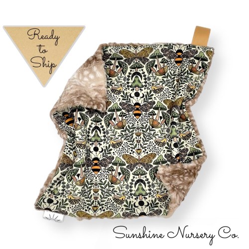 Lovey Blanket- BUTTERFLIES AND the BEES- baby lovey- security blanket- baby gift- boho lovey- ready to ship- baby blanket- mushrooms- nature