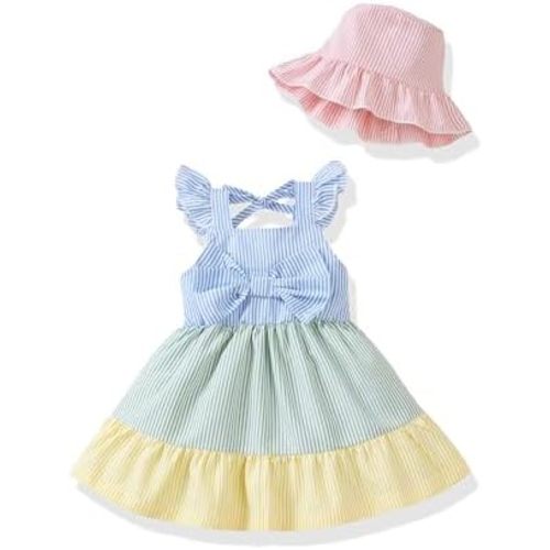 Renotemy Infant Baby Girl Dresses Toddler Girl Clothes Summer Cotton Linen Boho Smocked Sundress Gift for Girls with Hat