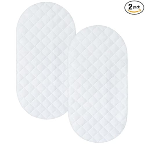 Bassinet Mattress Pad Cover Fit for Hourglass/Oval Bassinet Mattress, Waterproof Bassinet Mattress Protector Quilted Bassinet Sheets (32"x17") 2 Pack for Boys Girls, White