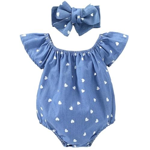 Baby Girl Summer Clothes Outfits Flutter Sleeve Denim Heart Romper One Piece Jumpsuit Bodysuit