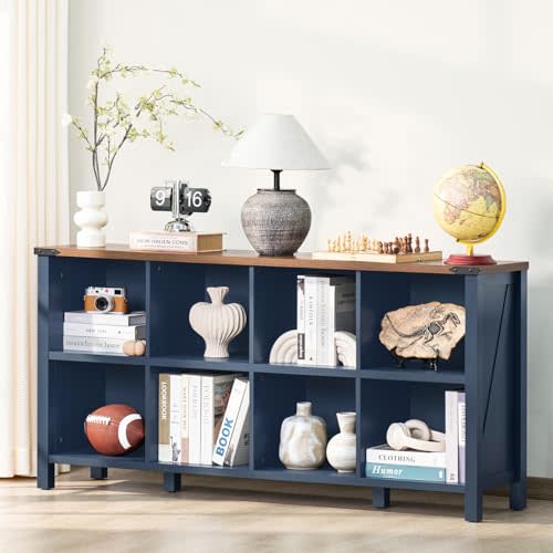 Joaxswe 8 Cube Book Shelf, Farmhouse Wood Long Storage Organizer Bookcase, 62" Horizontal Navy Blue Console Closet Bookshelf, Hallway TV Stand for Entryway, Display Cabinet Book Case for Living Room