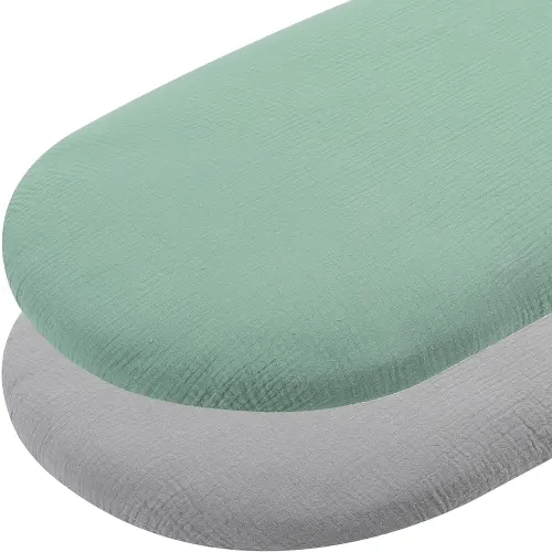 Muslin Bassinet Sheets 29"x 14" for Chicco LullaGo Anywhere, Baby Bjorn Cradle and Other Same Size Mattress Pad, Snuggly Soft 100% Cotton 2 Pack, Grey and Green