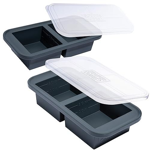 Souper Cubes 2 Cup Silicone Freezer Molds with Lids – Soup Cubes for Freezing Lasagna, Leftovers, Soups, Sauces, Casseroles, Meal Prep Meals and More – Charcoal 2-Pack