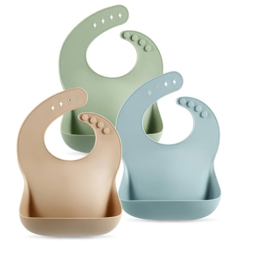 PandaEar Set of 3 Silicone Baby Bibs Waterproof, Soft, Unisex, 10-72 Months (Brown/Blue/Green)