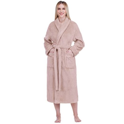 PAVILIA Women Plush Fleece Robe, Soft Textured Bathrobe, Lady Cozy Spa Long Robes, Fuzzy Satin Waffle Trim Tan Taupe, Small-Medium