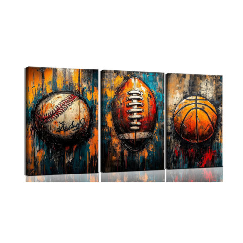 Trent Austin Design® 3Pcs Graffiti Sports Canvas Wall Art Vintage Basketball Football Baseball Posters Prints Colorful Street Pop Art Painting Pictures Sports Wall Decor For Bedroom Framed | Wayfair