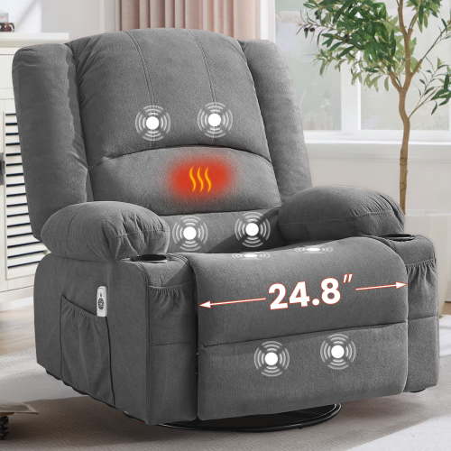 JONPONY Heated Manual Massage Recliner with 360° Swivel Rocker, Comfy Single Sofa with Side Pockets and Cup Holders for Living Room, Bedroom, and Home Theater, Grey