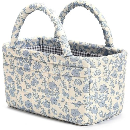 Small Storage Basket Organizer, Mini Fabric Floral Storage Baskets with Handle, Quilted Portable Collapsible Storage (Blue Floral)
