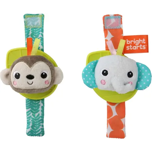 Bright Starts Rattle & Teethe Wrist Pals Toy - Monkey & Elephant, Newborn +