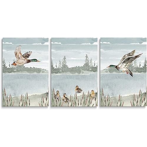 SKYSUKEY Watercolor Duck Hunting Nursery Decor, Set of 3 Mallard Duck Wall Prints, Nursery Wall Decor for Little Boys Girls Room, Rustic Outdoor Hunter Themed Decor, Framed Canvas Wall Art 12"x16"