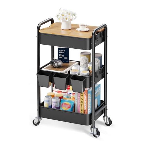 3 Tier Storage Rolling Cart with Wood Table Top on Lockable Wheels（Black） | Rolling Cart Bamboo Desk, Rolling Side Table with Storage, Utility Carts for Art and Craft, Classroom, Roller Books Shelf