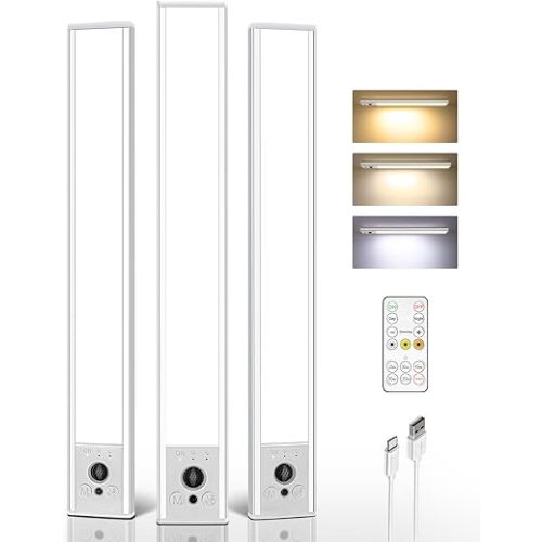 EZVALO 3-Pack Under Cabinet Lighting, 4000mAh Rechargeable Motion Sensor Light, 16inch Magnetic Closet Lights with Dimmable & 3 Color Temps, Wireless Motion Activated Lights with Remote for Kitchen