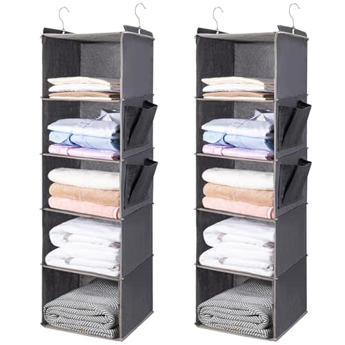 BOOMIBOO Hanging Closet Organize and Shelves，5-Hanging Shelf with 2 Side Pockets，Storage Foldable （2 Pack ，Grey）