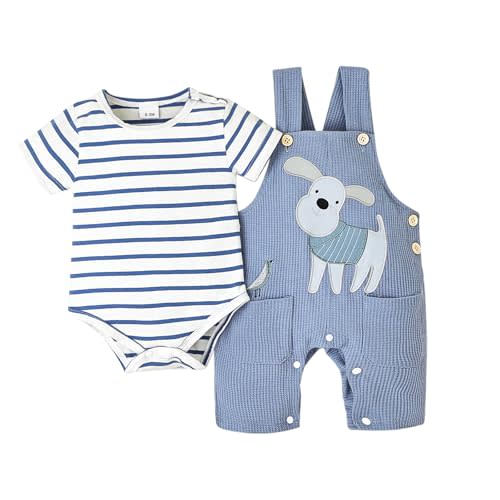 Baby Boy Clothes Infant Summer Outfits Short Sleeve Striped Romper Cute Cartoon Dog Overall Pants Set 2pcs 0-18 Months