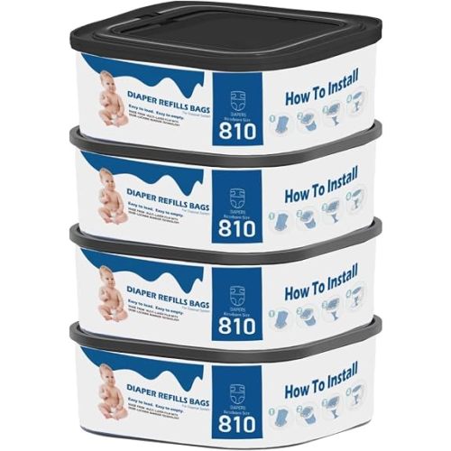 4 Pack Jumbo Square Bags Refill Compatible with Diaper Genie Compact, Select Pails (Not Fit Classic), Max Order Control, Holds Up to 810 Newborn Diapers, Disposal Bag Refills with Continuous Film
