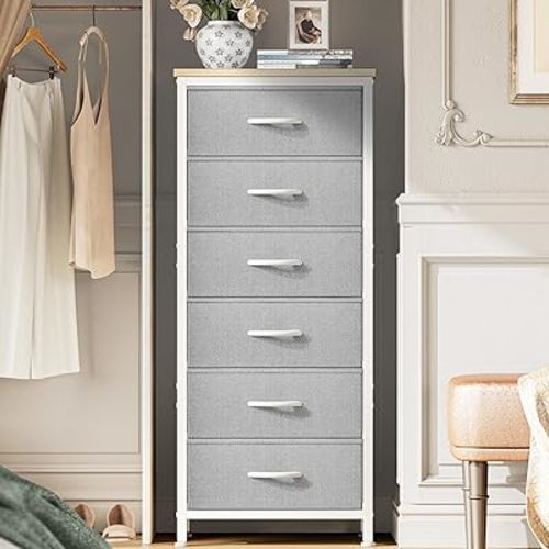 Huuger Tall Dresser for Bedroom, Stable 6 Drawer Dresser with Anti-Tip Device, PU Leather & Fabric Drawers, Tall Nightstand for Closet, Nursery, Storage Tower for College Dorm High Beds, Grey