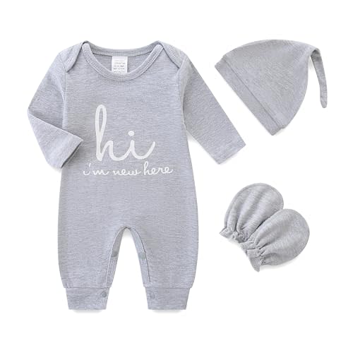 Newborn Baby Romper Cotton Coming Home Outfits Hi Im New Here with Hat Gloves Long Sleeve Solid Onesie