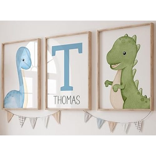 Baby Dinosaurs Set of 3 Unframed Poster Prints, Personalized Name for Boy Girl Nursery Bedroom, Watercolor Design, Wall Art Decor, Tyrannosaurus Brachiosaurus Triceratops Blue Green Brown (8x10)