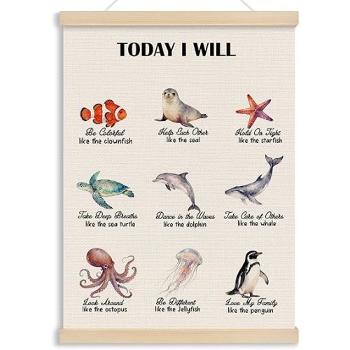 MOTERMATE Ocean Nursery Poster Hanger Frame, Nautical Coastal Beach Marine Biology Wall Hanging Decor Art Framed for Classroom Kids Room Bedroom Playroom, Affirmation Wall Poster Prints, 12x16 Inch