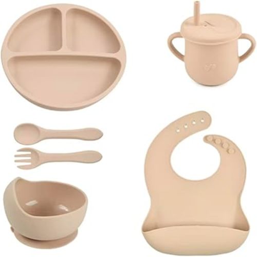 Ensemble d'alimentation en silicone pour bébé – Fournitures de sevrage LED pour bébé de 6 mois et plus, assiette à ventouse, bol, bavoir, cuillère, fourchette et tasse à bec – Sans BPA, sans phtalates, passe au micro-ondes et au lave-vaisselle (sable)