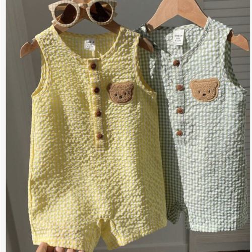 SHEIN 2pcs/Set Unisex Newborn Baby Boy Girl Cute Bear Pattern Plaid Sleeveless Romper Shorts Set,White Summer Casual Vacation Outfit,Birthday Party Shower | SHEIN USA