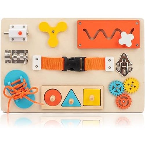 Montessori Busy Board for Toddlers, Wooden Learning Sensory Activity Board, Preschool Learning Activities, Educational Fine Motor Skills Travel Toys, Gifts for Kids Boys Girls