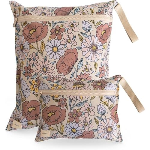 mushie Water Resistant Wet Bags | Large & Small Reusable Storage Bag for Baby Items and Travel | Zippered Pockets with Handle | Machine Washable, Set of 2 (Retro Flowers)