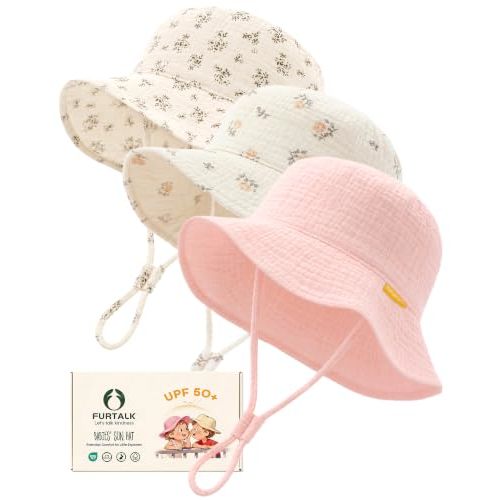 FURTALK Baby Sun Hat Muslin Cotton Toddler Bucket Hat for Girls Boys Wide Brim UPF 50+ Summer Beach Hats