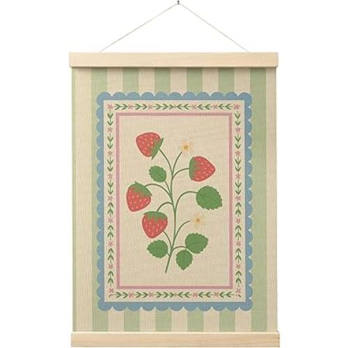 Evcprz Rustic Floral Strawberry Wall Art Poster Hanger Frame, Strawberry Room Decor, Green Striped Cute Strawberries Hanging Canvas Prints Wall Art Decor for Home Kitchen, 12x16 Inch