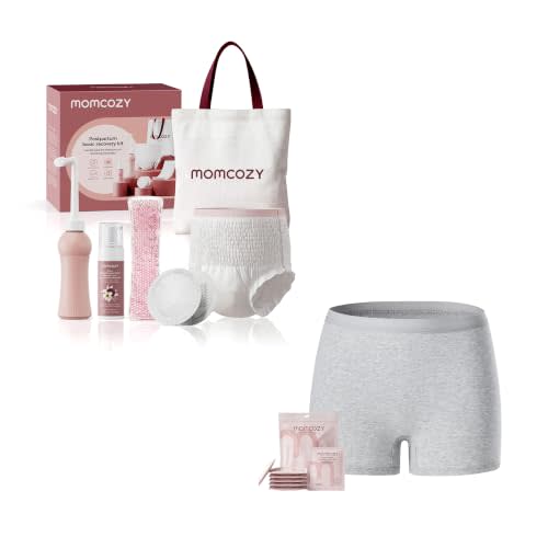 Momcozy 12pc Postpartum Recovery Kit & 7-Pack Cotton Disposable Underwear | All-in-One: 6 Disposable Underwear, Peri Bottle, 2 Reusable Cold Pads, 20 Nursing Pads & Cooling Foam with 7-Pack Underwear