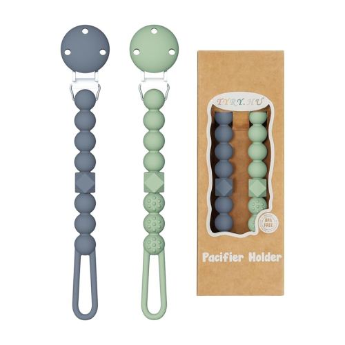 TYRY.HU Silicone Pacifier Holder Clip with One Piece Beads for Boys and Girls, Soft Flexible Rust-Free Binky Clips with Texture, Keeps Pacifier Clean, Safe for Newborn, Fits Most Pacifiers, 2 Pack