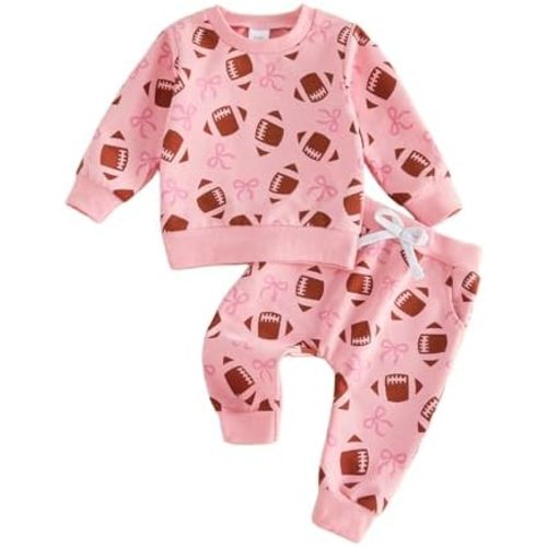 SAYOO Toddler Baby Girls Football Outfit Funny Rugby Bow Print Sweatshirt Top Pants Set 2Pcs Fall Sport Pullover Clothes