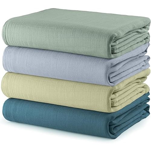 Comfy Cubs Muslin Swaddle Blankets Pack of 4, 47 x 47 Inches, Soft Cotton Baby Blanket Set, Large Multipurpose Swaddling Wraps for Newborns - Self-Soothing Swaddle - Sage, Pacific Blue, Fern, Neptune