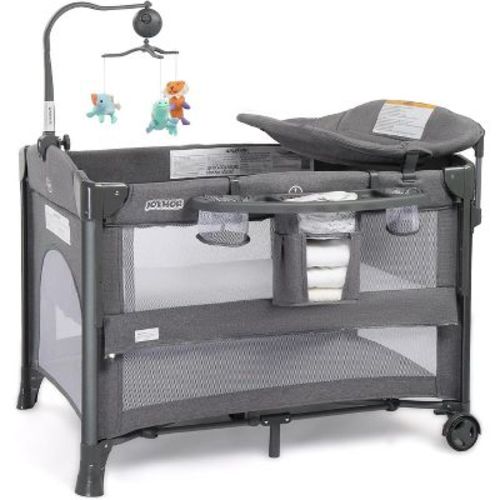 JOYMOR 5 in 1 Baby Bassinet with Changing Table, Besdide Bassinet, Portable Pack and Play with Bassinet, Mattress and Sheet, Toy, Wheels, Carry Bag