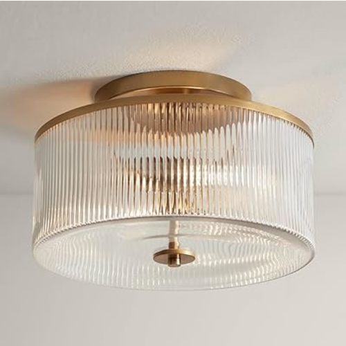 Possini Euro Design McKenzie 14" Mid Century Modern 2-Light Semi Flush-Mount Ceiling Light Fixture Kitchen Foyer Hallway Drum Round Warm Brass Finish Ribbed Glass Metal Bedroom Bathroom Entryway