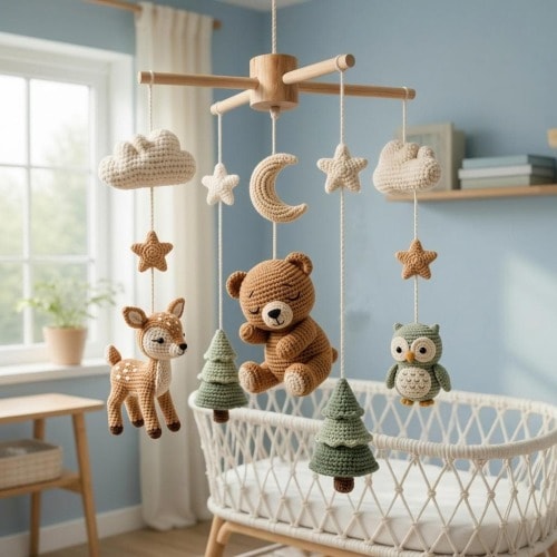 Personalized Crochet Woodland Baby Mobile Custom Forest Animal Crib Mobile Nursery Decor Gift Baby