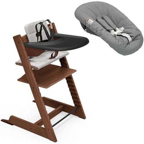 Stokke Tripp Trapp Oak High Chair2 and Anthracite Cushion with Newborn Set and Table Tray - Oak Warm Brown with Black Tray