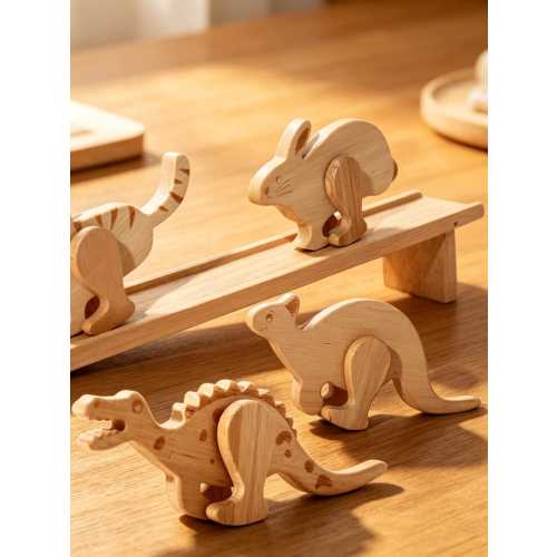Handmade wooden walking animal toys, toddler building block set, self-propelled toy with ramp, children's room decoration