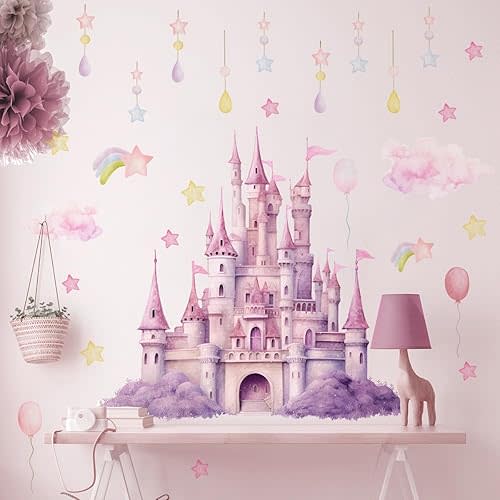 2 Sheets Princess Wall Decals for Girls Bedroom Purple Pink Wall Stickers & Murals Peel and Stick Vinyl Castle Wall Decor Large Removable Girls Room Art with Stars & Clouds