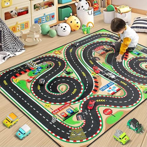 Kids Race Track Play Mat Rug, 6x9 Ft Road Rug for Kids | Non-Slip Rug with Realistic 3D Cascading Surround Route, Soft and Durable Material - Perfect for Playroom or Nursery