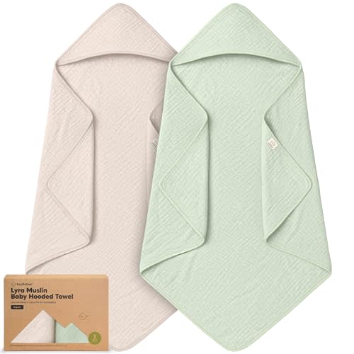 KeaBabies Muslin Hooded Baby Towels for Newborn Girls, Boys - 2-Pack, 35x35 Organic Cotton Baby Bath Towels Hooded, Soft Absorbent, Toddlers, Kids, Infant, Newborn Bath Essentials (Sage, Regular)