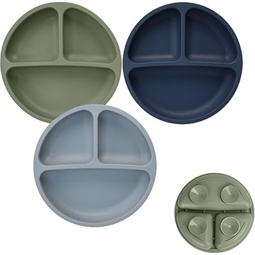 Tiny Marvels Baby Plates 3 Pack, 100% Food Grade Silicone Toddler Plates, Divided Baby Suction Plates, Non-Slip Toddler Plate Set, Baby Led Weaning Supplies, Microwave & Dishwasher Safe