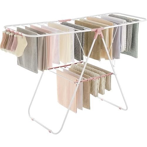 SONGMICS Clothes Drying Rack, with Sock Clips, Metal Laundry Rack, Foldable, Space-Saving, Free-Standing Airer, with 2 Height-Adjustable Gullwings, Indoor Outdoor Use, White and Pink ULLR052P01