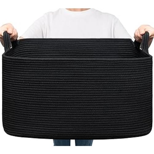 Goodpick Large Laundry Basket, Blanket Basket Living Room, Storage Basket for Toys, Towels, Woven Baskets for Storage, Rope Basket, Dirty Clothes Basket, Rectangle Basket, 21.6" x 14.9" x 11.8", Black