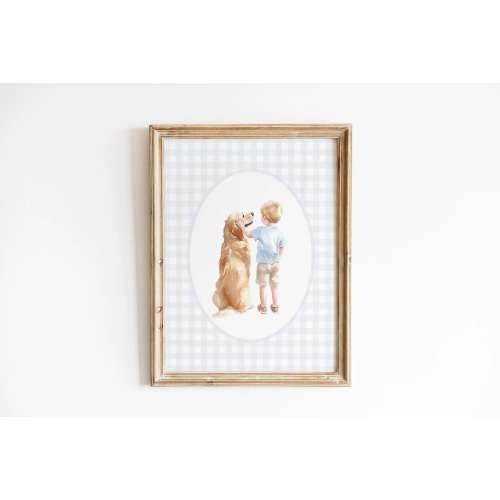 Golden Retriever with Blonde Little Boy Nursery Decor, Watercolor Dog Theme Nursery Print, Baby Boy Nursery Art, Puppy Blue Gingham Wall Art